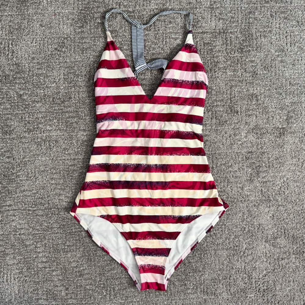 Roxy Striped One-Piece Swimsuit Sz Medium Beach Pool Rex Pink White Floral